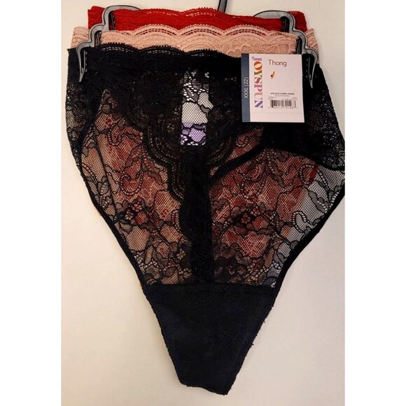Joyspun 3-Pack Lace Thong Panties XXXL Black Pink Red Nylon Spandex - Picture 3 of 7